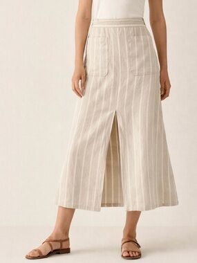 Massimo Dutti Linen Blend Stripe Midi Skirt Front Slit Statement Pockets Sz 4